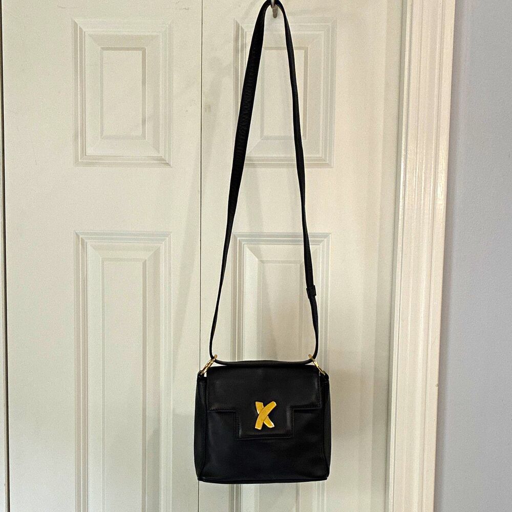 Paloma Picasso Black Logo Crossbody Bag Magnetic Lined Pockets Gold Hardware